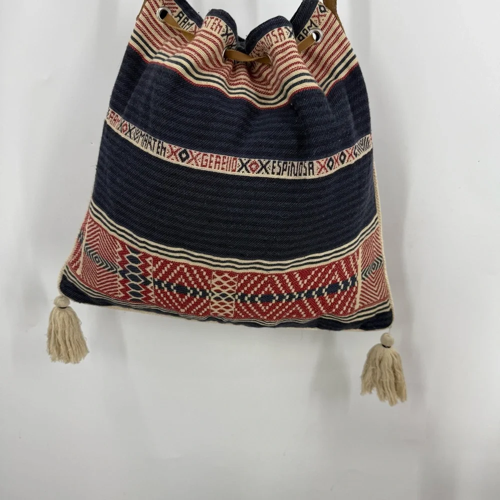 Star Mela vintage 100% cotton with leather strap and tassel bucket Boho bag